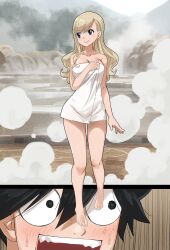 Rule 34 | 1boy, 1girl, bare shoulders, black hair, blonde hair, blue eyes, breasts, cleavage, collarbone, colorized, eden&#039;s zero, gaston18, highres, large breasts, long hair, mashima hiro, open mouth, rebecca bluegarden, shiki granbell, smile, towel