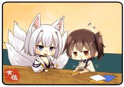 Rule 34 | 2girls, :&lt;, :d, animal ears, artist name, azur lane, blue eyes, brown eyes, brown hair, chibi, closed mouth, commentary request, crossover, eyeshadow, flying sweatdrops, fox ears, fox tail, hair between eyes, historical name connection, japanese clothes, kaga (azur lane), kaga (kancolle), kantai collection, makeup, multiple girls, multiple tails, name connection, open mouth, origami, paper, revision, short hair, side ponytail, smile, tail, taisa (kari), tasuki, v-shaped eyebrows, white hair