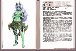 Rule 34 | 1girl, :p, arm tattoo, blue hair, breast tattoo, breasts, character profile, cleavage, colored skin, facial tattoo, fishnets, green skin, horns, kenkou cross, monster girl, monster girl encyclopedia, official art, ogre, ogre (monster girl encyclopedia), pointy ears, revealing clothes, shoulder tattoo, solo, tattoo, tongue, tongue out, torn clothes, white hair
