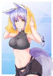 Rule 34 | 1girl, animal ears, arknights, bare arms, bare shoulders, black shirt, blue background, braid, breasts, brown eyes, commentary, crop top, hands up, large tail, long hair, looking at viewer, medium breasts, midriff, navel, parted lips, provence (arknights), purple hair, shirt, sleeveless, sleeveless shirt, solo, stomach, tail, tetsuhige, towel, towel on head, turtleneck, upper body, wolf ears, wolf tail
