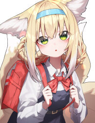 Rule 34 | absurdres, alternate costume, animal ears, arknights, backpack, bag, beudelb, blonde hair, blue dress, blush, bow, bowtie, braid, braided hair rings, collared shirt, colored tips, commentary, cosplay, dress, fox ears, fox girl, fox tail, green eyes, hair rings, highres, holding strap, kitsune, kyuubi, long sleeves, looking at viewer, multicolored hair, multiple tails, parted lips, pinafore dress, puffy long sleeves, puffy sleeves, red bag, red bow, red bowtie, shigure ui (vtuber), shigure ui (vtuber) (cosplay), shigure ui (vtuber) (young), shirt, short hair, simple background, sleeveless, sleeveless dress, suzuran (arknights), tail, twin braids, virtual youtuber, white background, white hair, white shirt