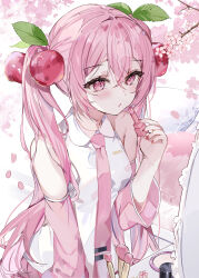 Rule 34 | 1girl, absurdres, bare shoulders, blush, breasts, cherry blossoms, cherry hair ornament, cosmetics, detached sleeves, falling petals, food-themed hair ornament, hair between eyes, hair ornament, hatsune miku, highres, holding, holding lipstick tube, lipstick tube, long hair, looking at mirror, mirror, necktie, petals, pink eyes, pink hair, pink lips, pink nails, pink necktie, pink sleeves, pink theme, sakura miku, shirt, sidelocks, small breasts, smile, solo, sonna banana, tie clip, twintails, very long hair, vocaloid, white shirt