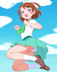 Rule 34 | 1girl, aozora middle school uniform, aqua sailor collar, aqua skirt, ass, blouse, blue sky, bow, bowtie, brown footwear, brown hair, clenched hands, cloud, cloudy sky, commentary request, day, from below, from side, full body, green bow, green bowtie, hair bow, heart, heart in eye, jumping, komachi naomi, legs up, loafers, looking at viewer, looking to the side, midair, miniskirt, outdoors, panties, pantyshot, pink bow, precure, purple eyes, sailor collar, school uniform, shirt, shoes, short hair, skirt, sky, socks, solo, sweat, symbol in eye, tropical-rouge! precure, two side up, umi no tarako, underwear, white panties, white shirt, white socks