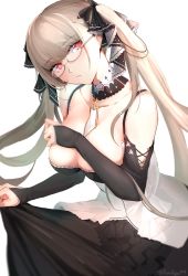 Rule 34 | 1girl, azur lane, bespectacled, between breasts, breasts, bridal gauntlets, choker, cleavage, collarbone, corset, dress, feet out of frame, formidable (azur lane), frills, glasses, hair ribbon, highres, holding clothes, holding dress, kano (kanokano44), large breasts, lifting own clothes, looking at viewer, necktie, necktie between breasts, red eyes, ribbon, solo, twitter username, two-tone dress, two-tone ribbon, white background