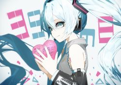 Rule 34 | 1girl, 39, absurdly long hair, aqua eyes, aqua hair, aqua nails, aqua necktie, bare shoulders, beamed sixteenth notes, black sleeves, commentary, detached sleeves, english commentary, floating hair, from side, graph, grey shirt, hair ornament, hatsune miku, headphones, headset, heart, highres, holding, holding heart, long hair, looking at viewer, mixed-language commentary, musical note, nail polish, necktie, pale skin, shirt, shoulder tattoo, sideways glance, skirt, sleeveless, sleeveless shirt, smile, solo, suzukou, tattoo, triangle, twintails, upper body, very long hair, vignetting, vocaloid, white background