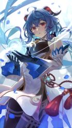 Rule 34 | 1girl, absurdres, bell, black gloves, blue hair, breasts, commentary, cowbell, crossed bangs, detached sleeves, dodota, ganyu (genshin impact), genshin impact, gloves, goat horns, hair between eyes, highres, horns, long hair, looking at viewer, medium breasts, orb, parted lips, red eyes, solo, symbol-only commentary, white sleeves