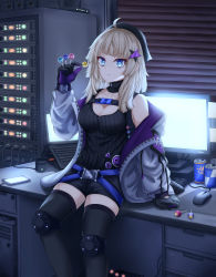 Rule 34 | 1girl, aa-12 (girls&#039; frontline), absurdres, belt, beret, black gloves, black shirt, black shorts, black thighhighs, blue eyes, breasts, buckle, candy, cellphone, cleavage, closed mouth, collarbone, daisy cutter, food, girls&#039; frontline, gloves, hair ornament, hand on table, hat, highres, holding, holding candy, holding food, holding lollipop, jacket, lollipop, long hair, looking at viewer, medium breasts, monitor, open clothes, open jacket, phone, platinum blonde hair, server, shirt, shorts, simple background, sitting, sitting on table, smartphone, snap-fit buckle, solo, star (symbol), star hair ornament, thighhighs, white jacket
