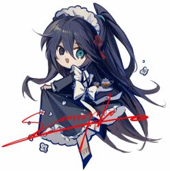Rule 34 | 1boy, back bow, black dress, black eyes, black footwear, black hair, blue eyes, bow, chibi, cup, dress, frilled sleeves, frills, full body, g7cdpdto2i6hot6, half updo, heterochromia, holding, holding tray, hong lu (project moon), limbus company, long hair, long sleeves, maid, maid headdress, open mouth, project moon, sample watermark, shoes, simple background, smile, solo, teacup, teapot, tray, very long hair, watermark, white background, white bow