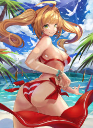 Rule 34 | 10s, 1girl, :q, ass, beach, bikini, bird, blonde hair, blue sky, cowboy shot, day, fate/extra, fate/grand order, fate (series), from behind, green eyes, halterneck, long hair, looking at viewer, looking back, mkd78236, mountain, nero claudius (fate), nero claudius (fate) (all), nero claudius (swimsuit caster) (fate), ocean, outdoors, palm tree, sarong, side-tie bikini bottom, sky, smile, solo, striped bikini, striped clothes, swimsuit, tongue, tongue out, tree, twintails