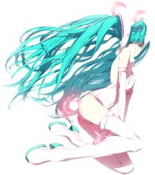 Rule 34 | 1girl, aqua eyes, aqua hair, bare back, bare shoulders, between legs, boots, elbow gloves, female focus, full body, gloves, hand between legs, hatsune miku, legs, leotard, long hair, simple background, solo, sousou (sousouworks), thigh boots, thighhighs, twintails, very long hair, vocaloid, white background