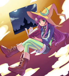 Rule 34 | 1girl, black mage (final fantasy), book, boots, cosplay, croma, croma (cosplay), faris scherwiz, final fantasy, final fantasy fables, final fantasy v, green eyes, green thighhighs, hat, long hair, purple hair, short shorts, shorts, solo, striped clothes, striped thighhighs, thighhighs, udon (memai no kabe), vertical-striped clothes, vertical-striped thighhighs, witch hat
