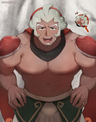 Rule 34 | 1boy, abs, armor, bara, bulge, chibi, chibi inset, cloud deity cookie, cloud hair, cookie run, cowboy shot, dark-skinned male, dark skin, facial hair, goatee, highres, humanization, large pectorals, laughing, looking at viewer, male focus, muscular, muscular male, navel, nipples, pauldrons, pectorals, saund r pu, seductive smile, short hair, shoulder armor, smile, solo, sparse chest hair, standing, stomach, thick eyebrows, topless male