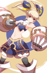Rule 34 | &gt;:), 1girl, arm up, armor, armored boots, blonde hair, blue armor, blush, boots, breastplate, floating hair, giant fist, gloves, glowing, glowing weapon, gold trim, green eyes, hair ornament, hair ribbon, highres, incoming attack, incoming punch, leaning, leaning to the side, midriff, mika returna, mika returna, punching, ribbon, signature, simple background, smirk, solo, twintails, under night in-birth, user dkzn7378, v-shaped eyebrows, weapon, yellow ribbon