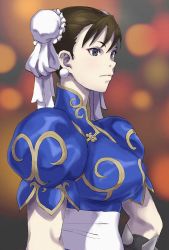 Rule 34 | 1girl, bracelet, breasts, brown hair, bun cover, capcom, chinese clothes, chun-li, closed mouth, double bun, earrings, eyeliner, facing away, frown, grey eyes, hair between eyes, hair bun, highres, jewelry, large breasts, makeup, mandarin collar, nose, pretty-purin720, puffy short sleeves, puffy sleeves, red eyeliner, short hair, short sleeves, solo, spiked bracelet, spikes, street fighter, upper body