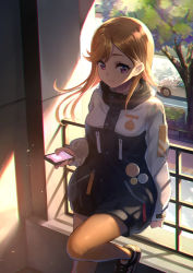 Rule 34 | 1girl, against railing, breasts, bush, car, cellphone, chromatic aberration, commentary request, cowengium, day, dress, eyelashes, hair behind ear, highres, holding, holding phone, jacket, knee up, leaning, light, light particles, long hair, long sleeves, looking at viewer, love live!, love live! superstar!!, medium breasts, motor vehicle, multicolored clothes, multicolored jacket, orange hair, outdoors, phone, pin, purple eyes, railing, school uniform, shadow, shibuya kanon, shoes, sidelocks, sleeves past wrists, smartphone, smile, sneakers, solo, sweater, sweater dress, swept bangs, tree, two-tone jacket