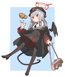 Rule 34 | 1girl, amonitto, bag, black coat, black footwear, black hat, black necktie, black skirt, blue archive, blush, braid, breasts, closed mouth, coat, collared shirt, detached wings, food, full body, grey hair, halo, handbag, haruna (blue archive), hat, high-waist skirt, high heels, highres, holding, holding bag, long hair, long sleeves, necktie, off shoulder, red eyes, shirt, single braid, single wing, skirt, small breasts, smile, solo, split mouth, strappy heels, tail, taiyaki, wagashi, white shirt, wings