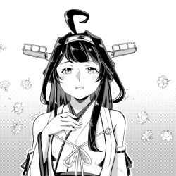 Rule 34 | 1girl, ahoge, detached sleeves, double bun, flower, gradient background, greyscale, hair bun, hairband, hand on own hip, headgear, japanese clothes, kantai collection, kongou (kancolle), light smile, long hair, looking at viewer, monochrome, parted lips, ribbon-trimmed sleeves, ribbon trim, shirouri, smile, solo