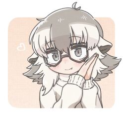 Rule 34 | 1girl, blush, closed mouth, fang, fang out, glasses, grey eyes, grey hair, heart, kemono friends, long sleeves, looking at viewer, meerkat (kemono friends), multicolored hair, short hair, smile, solo, sweater, tamurambo, upper body, white hair, white sweater