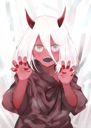 Rule 34 | 10s, 1girl, black ribbon, black robe, blush, breath, claw pose, colored skin, commentary, darling in the franxx, grey eyes, hair between eyes, hands up, highres, hood, hood down, hooded robe, horns, long hair, long sleeves, looking at viewer, open mouth, red skin, red skirt, ribbon, robe, sharp teeth, silver hair, skirt, solo, spoilers, teeth, upper body, wakutsu, zero two (darling in the franxx)