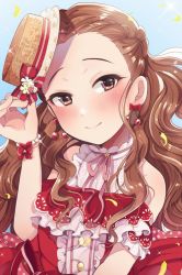 Rule 34 | 1girl, bare shoulders, blue background, blush, bow, bracelet, braid, brown eyes, brown hair, buttons, cherry earrings, commentary, dress, earrings, flower, food-themed earrings, forehead, hair pulled back, hand on headwear, hand up, hat, hat bow, hat flower, highres, idolmaster, idolmaster cinderella girls, idolmaster cinderella girls starlight stage, jewelry, light smile, long hair, looking at viewer, minami m2, mini hat, neck ribbon, pearl bracelet, petals, polka dot, red dress, ribbon, seki hiromi, solo, sparkle, upper body