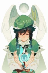 Rule 34 | 1boy, androgynous, beret, black hair, blue hair, bow, braid, brooch, cape, closed eyes, closed mouth, commentary, constellation, corset, english commentary, floating, floating object, flower, frilled sleeves, frills, genshin impact, gradient hair, green hat, hair flower, hair ornament, hat, highres, jewelry, leaf, litarnes, long sleeves, male focus, multicolored hair, shirt, short hair with long locks, sidelocks, simple background, smile, solo, twin braids, venti (genshin impact), vision (genshin impact), white background, white flower, white shirt, wings