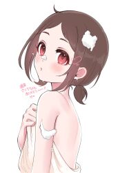 Rule 34 | 1girl, :o, absurdres, bare back, blush, brown hair, commentary request, highres, idolmaster, idolmaster cinderella girls, looking at viewer, looking to the side, muramatsu sakura, parted bangs, partial commentary, red eyes, short twintails, sidelocks, simple background, soap bubbles, solo, translation request, twintails, upper body, white background, woruka