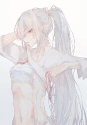 Rule 34 | 1girl, absurdres, arm up, chest sarashi, collared shirt, fujiwara no mokou, gradient background, grey background, highres, holding, holding own hair, holding ribbon, long hair, looking at viewer, looking to the side, mouth hold, navel, open clothes, open shirt, ponytail, profile, red eyes, ribbon, sarashi, shirt, simple background, solo, somei ooo, touhou, unworn hair bow, upper body, very long hair, white background, white hair, white ribbon, white shirt