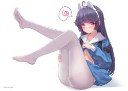 Rule 34 | 1girl, absurdres, ahoge, animal ears, artist name, ass, black hair, blue archive, blue shirt, blue skirt, blush, clothes lift, fake animal ears, feet, female focus, full body, highres, leaning back, leg up, legs, lifted by self, long hair, looking at viewer, miyu (blue archive), mumu mago, no shoes, panties, panties under pantyhose, pantyhose, rabbit ears, red eyes, resolution mismatch, school uniform, serafuku, shirt, shirt lift, simple background, sitting, skirt, skirt lift, soles, solo, source smaller, tears, thighs, toes, underwear, white background, white panties, white pantyhose