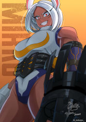 1girl absurdres boku_no_hero_academia breasts butterjar dark-skinned_female dark_skin highres large_breasts long_hair mechanical_arms mirko orange_background single_mechanical_arm smile white_hair