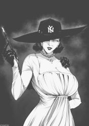 Rule 34 | 1girl, alcina dimitrescu, arm behind back, breasts, capcom, commentary, dress, english commentary, gloves, greyscale, hair behind ear, hat, highres, holding, holding smoking pipe, large breasts, looking at viewer, monochrome, new york yankees, parted lips, resident evil, resident evil village, short hair, smoking pipe, solo, sun hat, tyrone