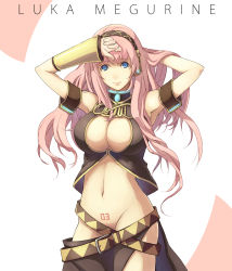 Rule 34 | 1girl, adjusting hair, armband, armpits, bare shoulders, belt, blue eyes, breasts, cleavage, cleavage cutout, clothing cutout, detached sleeves, groin, headset, highres, keypot, large breasts, long hair, lowleg, megurine luka, midriff, navel, no bra, no panties, pink hair, skirt, smile, solo, tattoo, turtleneck, very long hair, vocaloid