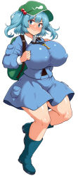 Rule 34 | 1girl, backpack, bag, blue eyes, blue footwear, blue shirt, blue skirt, blush, boots, breasts, closed mouth, commentary request, flat cap, full body, green hat, hair bobbles, hair ornament, haruka (haruka channel), hat, highres, huge breasts, kawashiro nitori, key, looking at viewer, shirt, simple background, skirt, solo, touhou, two side up, variant set, white background