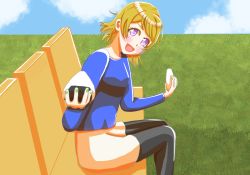 Rule 34 | 1girl, artist name, artist request, black legwear, blue shirt, blue sky, blush, breasts, brown hair, cloud, day, female focus, floating hair, food, green nails, hair between eyes, highres, holding, holding food, koizumi hanayo, light brown skirt, looking at viewer, love live!, love live! school idol project, miniskirt, nail, nail polish, onigiri, orange hair, outdoors, parted lips, plaid, plaid skirt, pleated, pleated skirt, purple eyes, sharing food, shirt, short hair, sitting, skirt, sky, small breasts, smile, solo