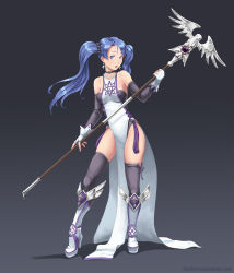 Rule 34 | 1girl, bare shoulders, black choker, blue hair, boots, breasts, cheshirrr, choker, contrapposto, earrings, elbow gloves, fingerless gloves, gloves, gradient background, grey background, grey thighhighs, high heel boots, high heels, highres, holding, holding staff, jewelry, long hair, looking at viewer, medium breasts, open mouth, original, parted lips, pelvic curtain, platform footwear, side slit, solo, staff, standing, tabard, teeth, thighhighs, twintails, upper teeth only, watermark, web address, white gloves, winged footwear