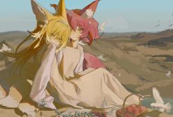 Rule 34 | 2girls, animal, animal ear fluff, animal ears, arknights, bird, blonde hair, blue hairband, blue sky, brown dress, cloud, commentary request, covered mouth, day, dress, flower, fox ears, fox girl, fox tail, green eyes, hair between eyes, hair flower, hair ornament, hairband, highres, kitsune, long hair, looking at viewer, looking to the side, multiple girls, natalie50780, outdoors, pink hair, red eyes, shamare (arknights), shirt, sky, sleeveless, sleeveless dress, suzuran (arknights), tail, very long hair, white flower, white shirt