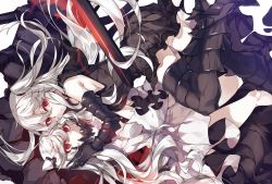 Rule 34 | 10s, 2girls, abyssal ship, aircraft carrier oni, armor, armored boots, black dress, boots, colored skin, covered mouth, dress, gauntlets, horns, kantai collection, kureaki (exit), long hair, midway princess, multiple girls, one side up, pale skin, red eyes, sailor dress, short dress, thigh boots, thighhighs, very long hair, white dress, white hair, white skin, zettai ryouiki