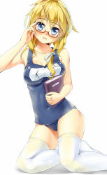 Rule 34 | 10s, 1girl, adjusting eyewear, ahoge, blonde hair, blue eyes, book, breasts, covered navel, glasses, highres, i-8 (kancolle), kantai collection, long hair, looking at viewer, medium breasts, mole, mole under eye, no headwear, no headwear, one-piece swimsuit, open mouth, school swimsuit, shuffle (songdatiankong), solo, swimsuit, thighhighs, white thighhighs