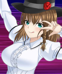 Rule 34 | 1girl, :q, arm up, black hat, blush, braid, breasts, brown hair, center frills, charlotte corday (fate), commentary, dress, english commentary, fate/grand order, fate (series), flower, frills, green eyes, hair between eyes, hair ribbon, hat, hat flower, highres, juliet sleeves, large breasts, long sleeves, looking at viewer, midori (user nsaz3272), puffy sleeves, red flower, red rose, ribbon, rose, short hair, side braid, single braid, solo, tongue, tongue out, upper body, v, white dress, yellow ribbon