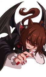 Rule 34 | 1girl, agnes tachyon (umamusume), ahoge, animal ears, brown eyes, brown hair, cape, demon wings, fangs, high collar, highres, horse ears, horse girl, kaho (ramb), open mouth, red nails, simple background, solo, tail, test tube, umamusume, white background, wings