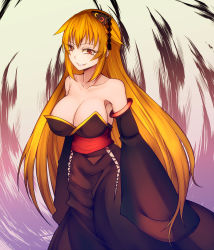 Rule 34 | 1girl, adapted costume, aoshima, bare shoulders, black detached sleeves, black dress, blonde hair, breasts, cleavage, collarbone, detached sleeves, dress, female focus, grin, hair ornament, highres, japanese clothes, junko (touhou), large breasts, long hair, looking at viewer, neck, red eyes, smile, solo, standing, strapless, strapless dress, tassel, teeth, touhou, very long hair, wide sleeves