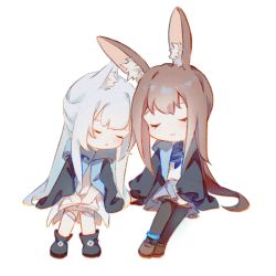 Rule 34 | 2girls, amiya (arknights), animal ear fluff, animal ears, arknights, black footwear, black jacket, black legwear, blue skirt, boots, brown footwear, brown hair, cat ears, chibi, closed mouth, commentary request, dress, closed eyes, grey hair, highres, jacket, long hair, long sleeves, low ponytail, multiple girls, open clothes, open jacket, own hands together, pantyhose, pleated dress, ponytail, puffy long sleeves, puffy sleeves, rabbit ears, rosmontis (arknights), shirt, shoes, simple background, sitting, skirt, sleeping, sleeping on person, sleeping upright, sleeves past wrists, smile, very long hair, white background, white dress, white shirt, yuluojinmian