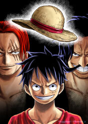 Rule 34 | 3boys, artist name, black eyes, black hair, clenched teeth, closed mouth, collarbone, commentary request, facial hair, gol d. roger, hat, kanata a, looking at viewer, male focus, monkey d. luffy, multiple boys, mustache, one piece, red hair, scar, scar across eye, scar on face, shanks (one piece), short hair, smile, straw hat, teeth, unworn hat, unworn headwear