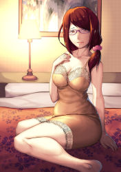 Rule 34 | 10s, 1girl, barefoot, breasts, brown eyes, brown hair, brown skirt, cleavage, collarbone, curvy, floral print, glasses, hand up, harihisa, highres, hugtto! precure, indoors, lamp, looking at viewer, mature female, nightgown, nono sumire, on bed, painting (object), pillow, precure, sitting, skirt, solo, wet