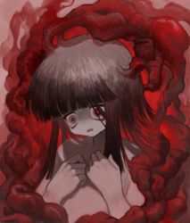Rule 34 | 1girl, auksechan, blunt bangs, flesh, grey eyes, grey hair, hands up, highres, horror (theme), long hair, no nose, open mouth, original, portrait, red pupils, red theme, shadow, solo