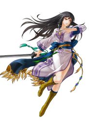 Rule 34 | 1girl, black hair, boots, breasts, brown footwear, closed mouth, fire emblem, fire emblem: the blazing blade, fire emblem heroes, full body, grey eyes, highres, holding, holding sword, holding weapon, karla, kita senri, knee boots, large breasts, long hair, long sleeves, looking away, nintendo, non-web source, official art, side slit, solo, sword, transparent background, weapon