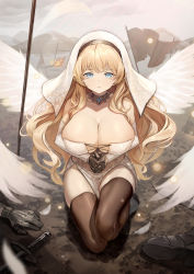 Rule 34 | 1girl, absurdres, angel wings, black gloves, blonde hair, blue eyes, breasts, brown thighhighs, cleavage, commentary, crying, crying with eyes open, dampi, detached collar, detached sleeves, dress, flag, full body, gloves, habit, highres, large breasts, long hair, long sleeves, looking at viewer, mole, mole on breast, original, outdoors, own hands clasped, own hands together, parted lips, solo, sword, symbol-only commentary, tears, thighhighs, very long hair, weapon, white dress, wings