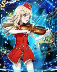 Rule 34 | 1girl, band uniform, beamed quavers, blonde hair, bow (music), elbow gloves, epaulettes, glasses, gloves, hat, instrument, long hair, marching band, musical note, open mouth, panties, perrine h. clostermann, quaver, smile, solo, staff (music), strike witches, treble clef, underwear, uniform, violin, white panties, world witches series, yellow eyes