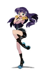 Rule 34 | 00s, 1girl, :d, bike shorts, fang, female focus, gloves, green eyes, kiyal bachika, long hair, open mouth, purple hair, smile, solo, tengen toppa gurren lagann