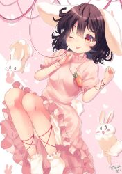 Rule 34 | 1girl, ;p, animal ears, bare legs, black hair, breasts, dress, hands up, highres, inaba mob (touhou), inaba tewi, kemo chiharu, medium hair, one eye closed, pink background, pink dress, pinky out, puffy short sleeves, puffy sleeves, rabbit ears, rabbit tail, red eyes, short sleeves, simple background, small breasts, socks, solo, string, string of fate, tail, tongue, tongue out, touhou