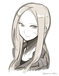 Rule 34 | 1girl, black shirt, collarbone, from side, grey eyes, grey hair, jacket, light smile, lips, long hair, looking at viewer, monochrome, muted color, open collar, original, poaro, scar, scar on cheek, shirt, sketch, soldier, solo, twitter username, uniform, upper body
